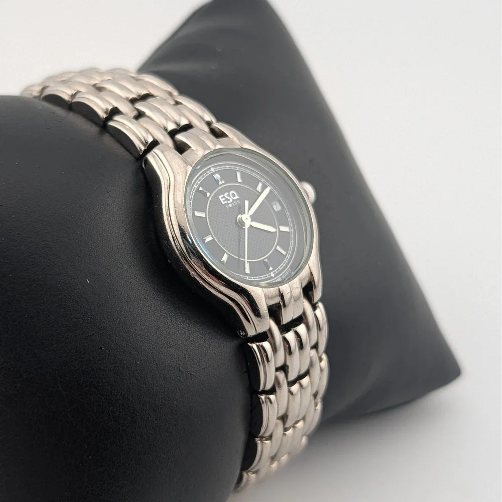 ESQ Swiss Vintage Textured Black Dial Dress Watch Stainless Steel 25mm‎
